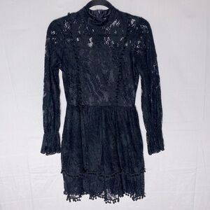Eilly Bazar Black Lace Semi Sheer Long Sleeve Mock Neck Mini Dress S